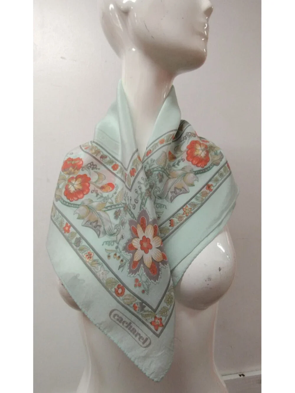 Vintage Cacharel Silk Rayon Scarf Bohemian Style Border Floral Mint Green Gray